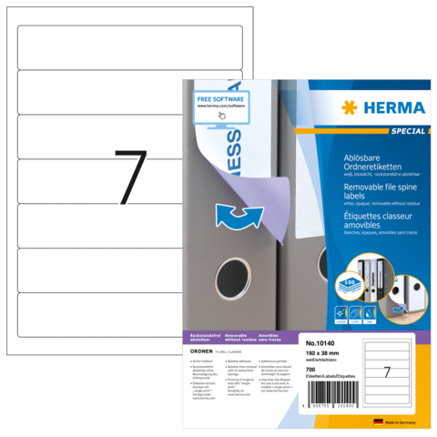 Ablösbare Ordneretiketten von HERMA, Packung mit 700 Etiketten, für die Beschriftung von Ordnern, inklusive Softwarehinweis.