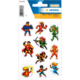 Colorful stickers featuring various superhero figures in dynamic poses, including fighters, an archer, and flying characters.