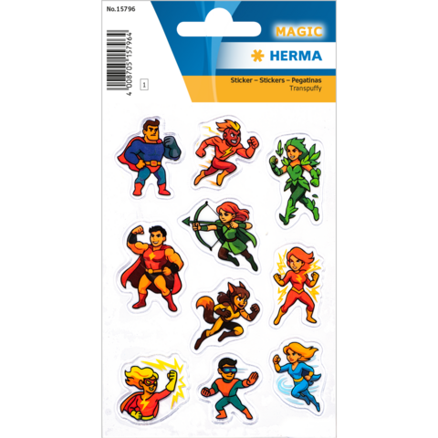 Colorful stickers featuring various superhero figures in dynamic poses, including fighters, an archer, and flying characters.