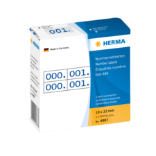 Nummeretiketten in einer Verpackung, mit den Nummern 000 und 001, hergestellt von HERMA, Made in Germany.