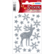 Glitzernde Aufkleber mit einem Rentier und Schneeflocken in verschiedenen Größen und Formen auf einem roten Hintergrund.