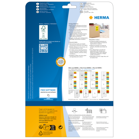 Verpackung von HERMA mit Informationen zu Etiketten, Software und Anwendungshinweisen. Enthält QR-Code und Farbcodes für Etikettierung.