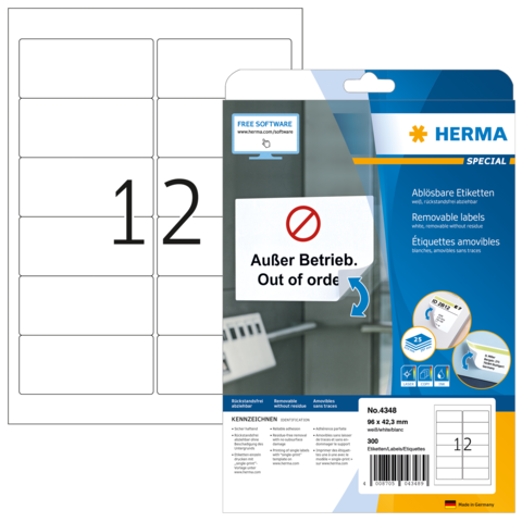 Packung mit ablösbaren Etiketten von Herma, Größe 62,4 x 42,3 mm, mit der Aufschrift "Außer Betrieb. Out of order."