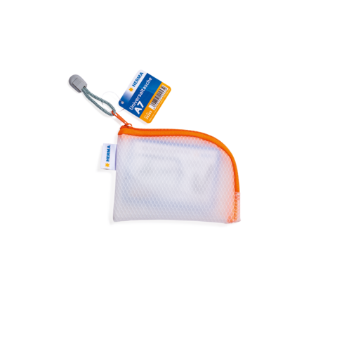 Transparente Tasche mit orangefarbenem Reißverschluss und grauem Griff, beschriftet mit einem Preisschild.