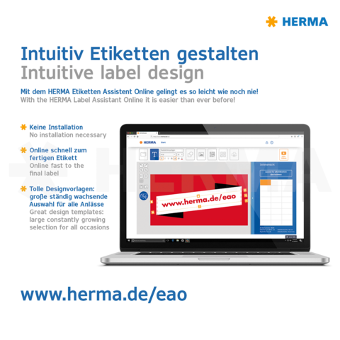 Intuitives Etikettendesign mit dem HERMA Etikettenassistenten. Online, keine Installation nötig, große Auswahl an Vorlagen.