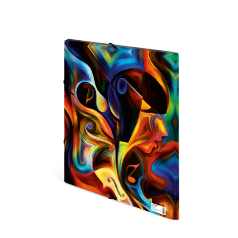 Bunte abstrakte Kunst mit einer stilisierten menschlichen Silhouette und fließenden Formen in lebhaften Farben.