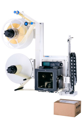 Labeling machine with two rolls, a printer, and a box in the foreground. Device for automatic labeling.