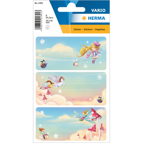 Aufkleber mit einer Prinzessin, die auf einem fliegenden Schnecken reitet, umgeben von Wolken, Schmetterlingen und Pilzen.