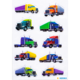 Colorful stickers from trucks in various colors and designs, arranged in two rows.