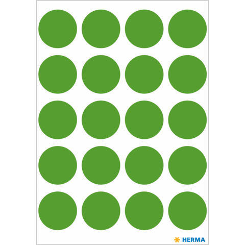 Grüne runde Aufkleber in einem regelmäßigen Muster auf weißem Hintergrund, angeordnet in mehreren Reihen und Spalten.