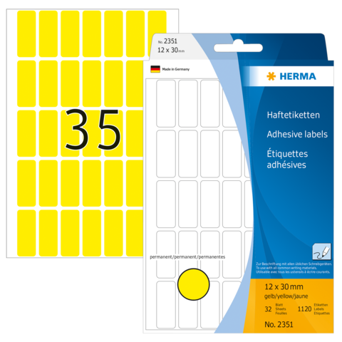 Gelbe Haftetiketten auf einer Verpackung, mit der Größe 12 x 30 mm und der Nummer 2351, insgesamt 1120 Stück.