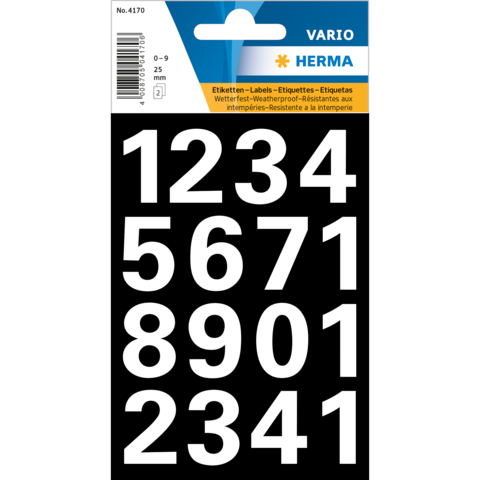 Schwarzer Hintergrund mit weißen Zahlenetiketten: 1234, 5671, 8901, 2341. Oben das Logo "VARIO" und die Marke "HERMA".
