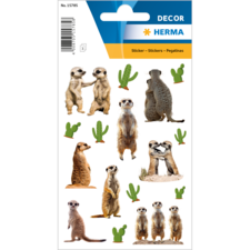 Aufkleber mit Erdmännchen in verschiedenen Posen und Kaktusmotiven. Enthält mehrere Erdmännchen und dekorative Elemente.