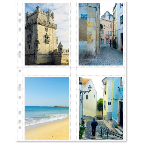 Different views: a historic tower, a narrow alley, a beach with clear water, and a quiet street with a passerby.