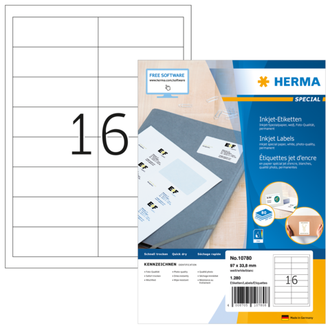 Packung mit Inkjet-Etiketten von Herma, Größe 97 x 33 mm, enthält 16 Etiketten pro Blatt, inklusive Software-Hinweis.