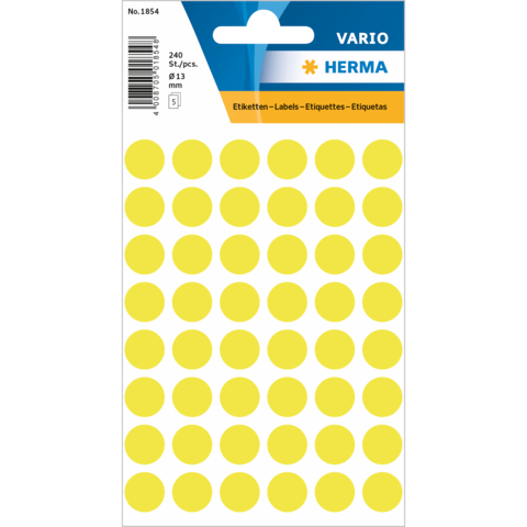 Gelbe runde Etiketten auf einem Bogen, insgesamt 240 Stück, Durchmesser 13 mm, verpackt von der Marke Herma.