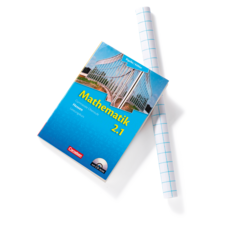 Mathebuch mit dem Titel "Mathematik 2.1" und einem grafischen Cover, daneben ein Blatt kariertes Papier.
