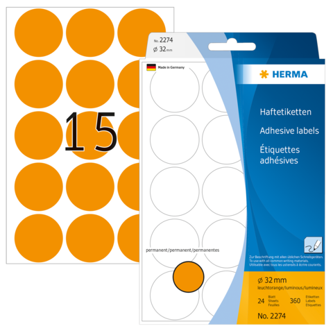 Orange Haftetiketten mit 32 mm Durchmesser, 24 Stück pro Bogen, verpackt in einer transparenten Hülle.