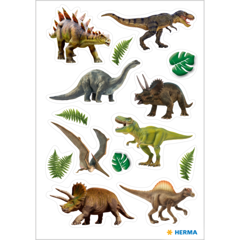 Diverse Dinosaurier-Sticker, darunter Tyrannosaurus, Triceratops und Stegosaurus, umgeben von Pflanzenmotiven.