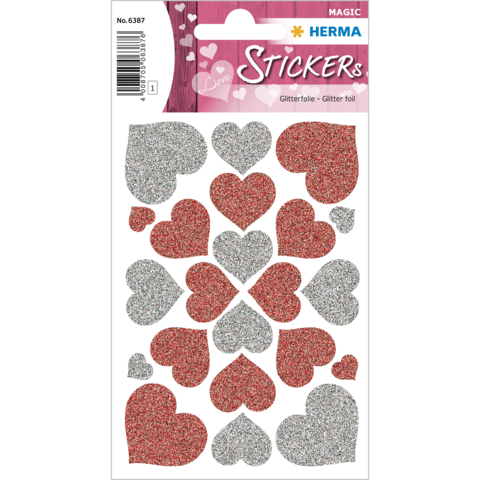 Glitzernde Herzaufkleber in Rot und Silber auf einem weißen Hintergrund, ideal für Bastelprojekte oder Dekoration.