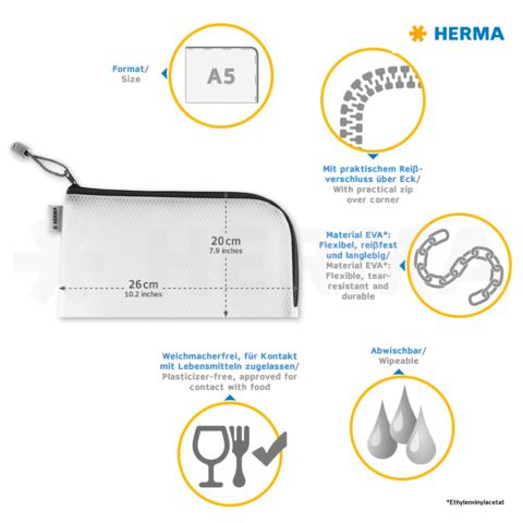 A5 Tasche von HERMA, 20 cm hoch und 26 cm breit, aus flexiblem, wasserfestem EVA-Material, mit Reißverschluss und lebensmittelechter Beschaffenheit.