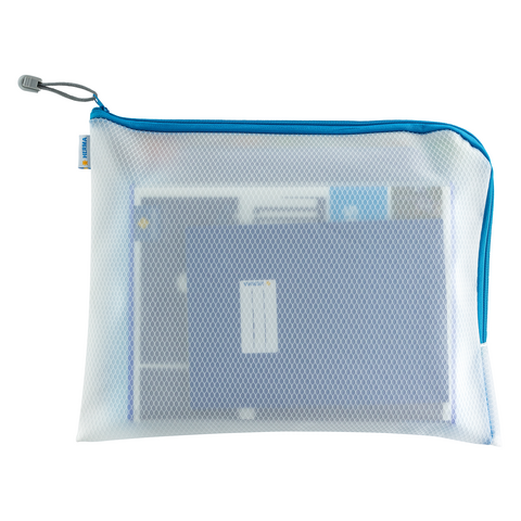 Transparente Tasche mit blauer Reißverschlusskante, die mehrere Dokumente oder Notizblätter enthält.