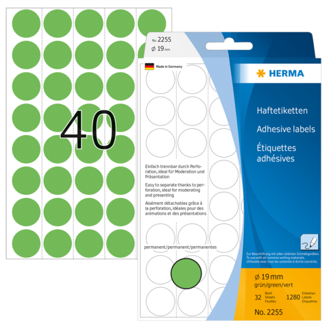 Grüne Haftetiketten auf einem Bogen, mit 40 runden Aufklebern, verpackt in einer blauen Box von HERMA.