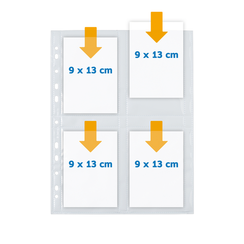 Four empty photo pockets measuring 9 x 13 cm, arranged in two rows and two columns, with arrows pointing to the pockets.