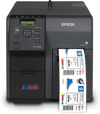 Epson TM-C7500G label printer with colorful labels coming out of the output tray. Control panel with buttons and display visible.
