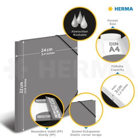 Grauer Ordner mit elastischen Ecken, abwischbar, für DIN A4, Maße 24 cm x 32 cm, stabil aus PP-Material, maximale Füllhöhe 3 cm.