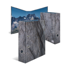 Ordner mit einem Design, das Felsen und Berge darstellt, geöffnet und von vorne und hinten sichtbar.