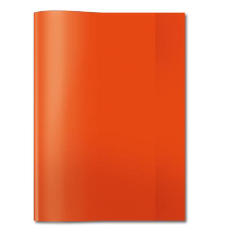 Ein orangefarbenes, geschlossenes Buch oder Heft, das aufrecht steht. Die Oberfläche ist glänzend und reflektiert Licht.