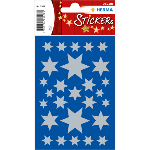 Blauer Stickerbogen mit weißen Sternen in verschiedenen Größen, verziert mit goldenen Sternen und dem Schriftzug "Stickers".