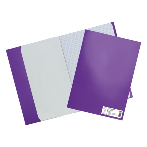 Zwei lila Ordner, einer mit kariertem Papier und einer mit glatter Oberfläche, liegen übereinander.
