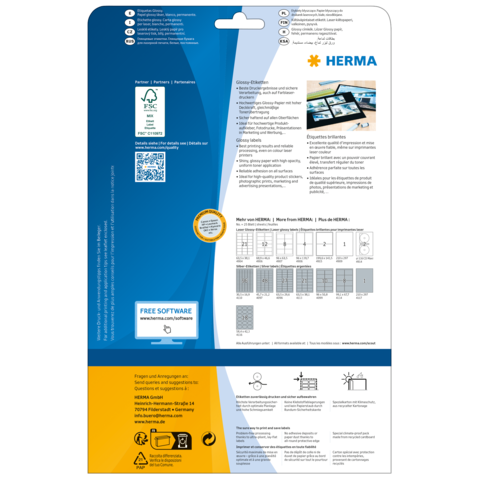 Produktverpackung von HERMA mit Informationen zu Software, Partnern und Anwendungsbeispielen. Enthält QR-Code und technische Details.