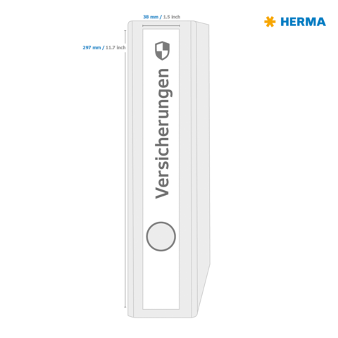 Ordner mit der Aufschrift "Versicherungen", Maße: 297 mm x 38 mm. Logo oben links.