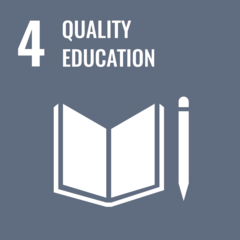 Symbol for Goal 4 of the UN Sustainable Development Goals: Quality Education, represented by an open book and a pencil on a gray background.