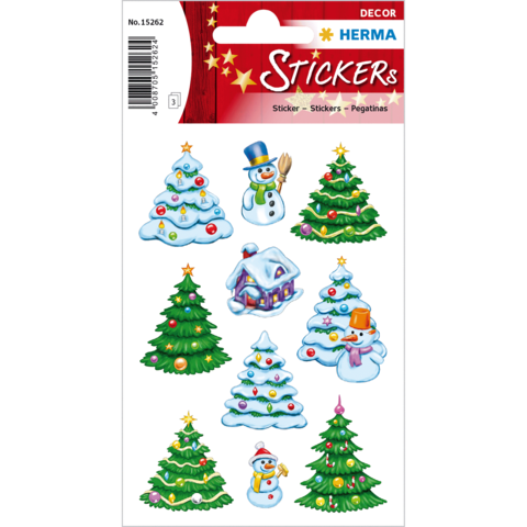 Weihnachtliche Aufkleber mit Tannenbäumen, einem Schneemann, einem Haus und verschiedenen Dekorationen. Ideal für festliche Bastelprojekte.