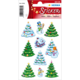 Weihnachtliche Aufkleber mit Tannenbäumen, einem Schneemann, einem Haus und verschiedenen Dekorationen. Ideal für festliche Bastelprojekte.