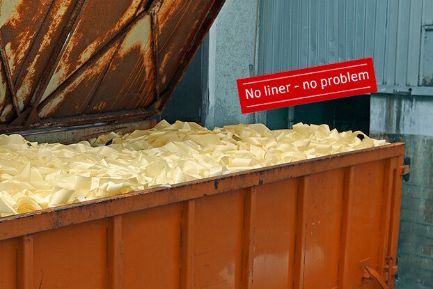 Container with carrier paper waste, reduce waste with the HERMA InNo-Liner system (no caption), landscape format.