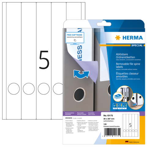 Abziehbare Ordneretiketten von Herma, Packung mit fünf Etiketten für die Beschriftung von Ordnern, inklusive Softwarehinweis.