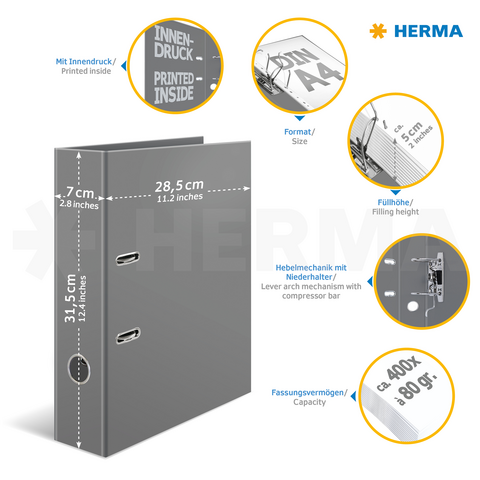 Grauer Ordner mit Details zu Format, Füllhöhe und Hebelmechanik. Kapazität für 400 Blätter à 80 g/m².