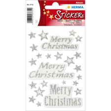 Glitzernde Aufkleber mit dem Text "Merry Christmas" und kleinen Sternen in Silber auf einem bunten Hintergrund.