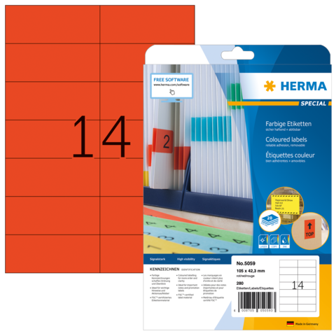 Rote Etiketten mit der Nummer 14 auf einem Blatt, verpackt in einer transparenten Hülle mit Informationen zu farbigen Etiketten.