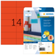 Rote Etiketten mit der Nummer 14 auf einem Blatt, verpackt in einer transparenten Hülle mit Informationen zu farbigen Etiketten.