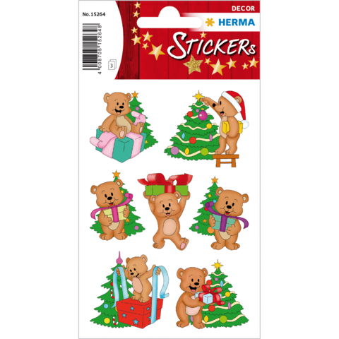 Bären-Sticker mit Weihnachtsmotiven, darunter Geschenke und Weihnachtsbäume, in verschiedenen Posen und Outfits.