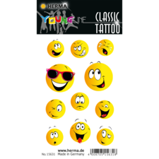 Bogen mit verschiedenen gelben Emoji-Tattoos, die unterschiedliche Gesichtsausdrücke zeigen, darunter lächelnde und witzige Gesichter.
