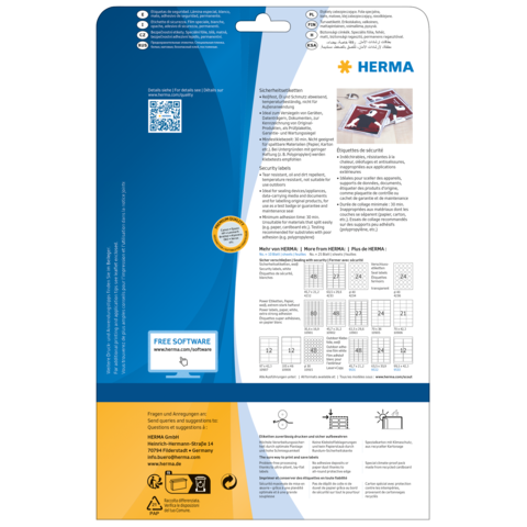 Rückseite einer Verpackung mit Informationen zu HERMA, Sicherheitsanweisungen und einem QR-Code für kostenlose Software.