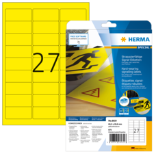Gelbe Signaletiketten mit der Nummer 27, verpackt in einer robusten Hülle von Herma, geeignet für verschiedene Kennzeichnungsanwendungen.