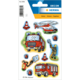 Aufkleber mit Feuerwehrmotiven, einschließlich Feuerwehrwagen, Feuerwehrmann, Hubschrauber und Verkehrshütchen.